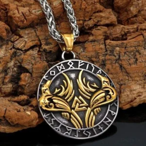 Wikinger Halskette mit Huginn Muninn und Valknut Symbol, Edelstahl Amulett