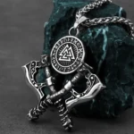 Wikinger Kette mit Valknut, Doppelaxt und Runen aus Edelstahl