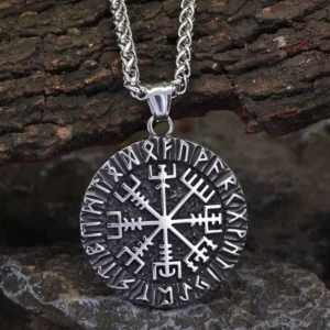 Wikinger Halskette mit Vegvisir Anhänger, silberner Edelstahl Runenkompass
