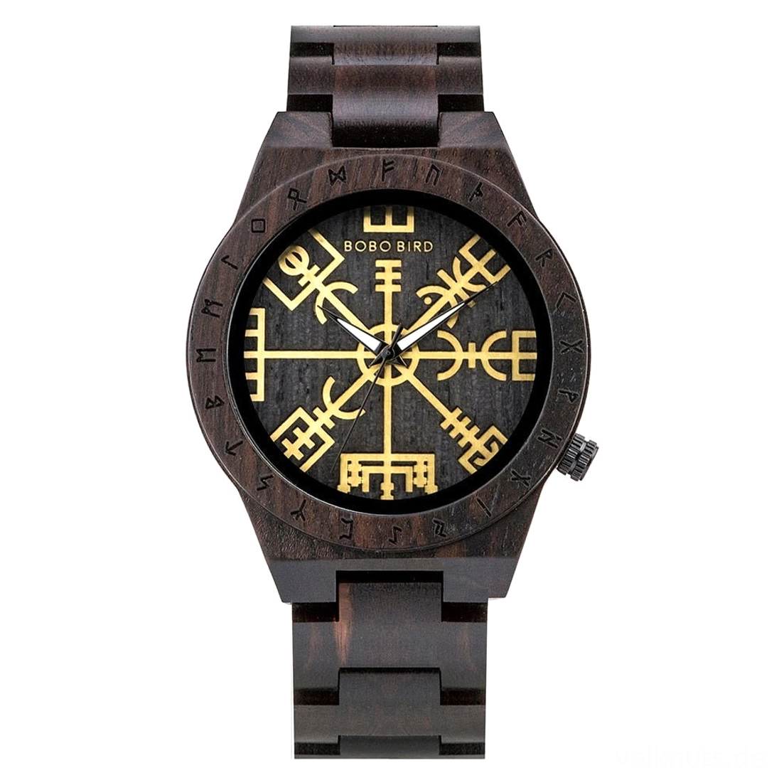 Wikinger Holzuhr mit Vegvisir Nahaufnahme des Zifferblatts