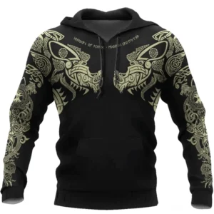 Wikinger Hoodie Aegir, schwarzes Pullover Modell mit goldenen nordischen Motiven und Runen