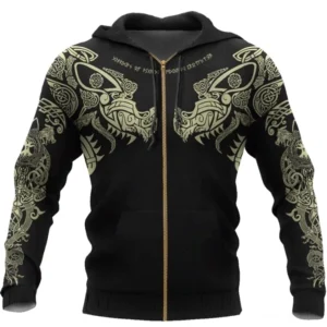 Wikinger Hoodie Aegir, Reißverschluss Modell mit goldenem Reißverschluss und wikinger Symbolen