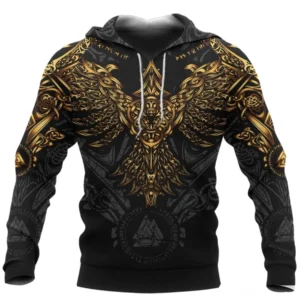 Wikinger Hoodie Baldr mit goldenen Odins Raben und Valknut Symbolen auf schwarzem Grund
