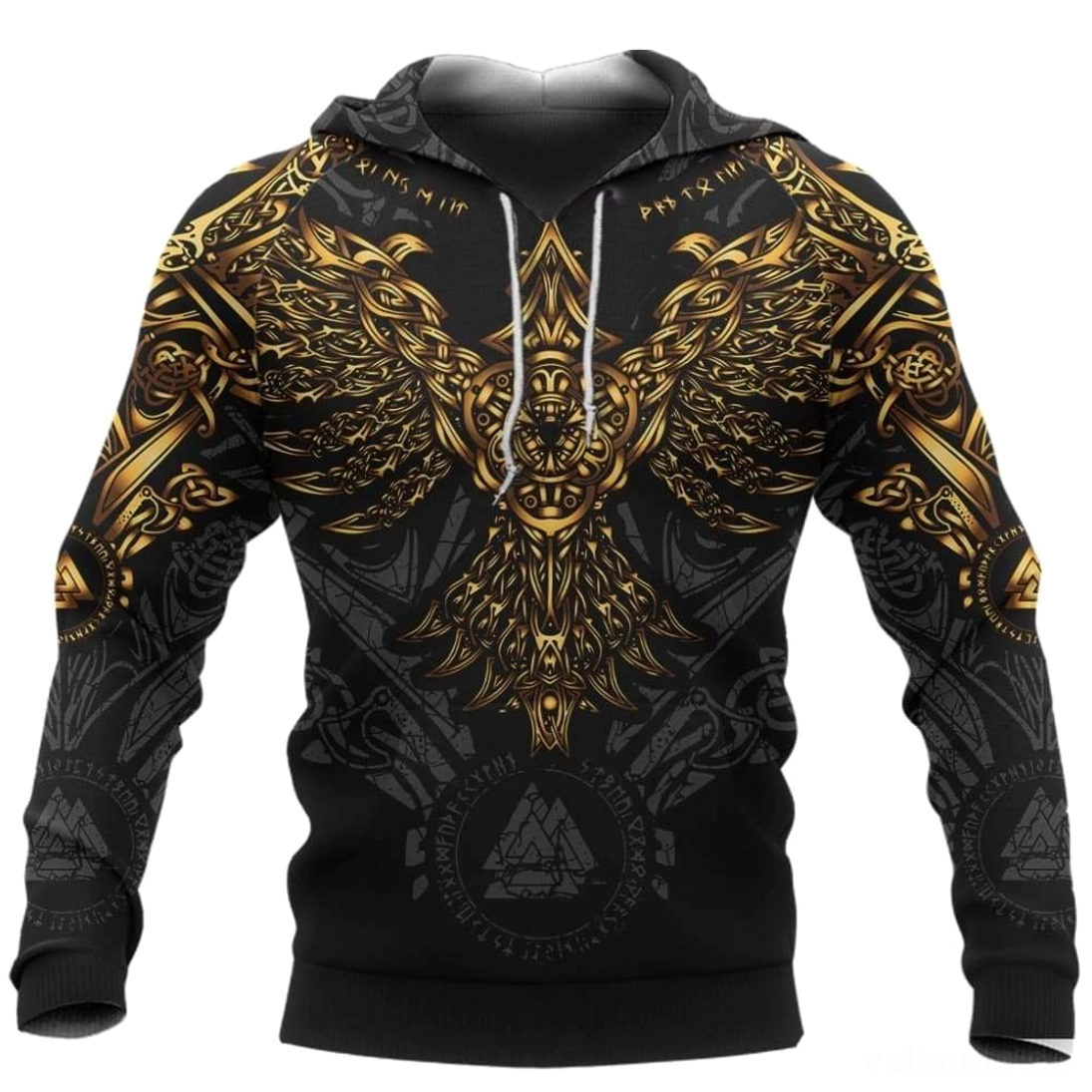 Wikinger Hoodie Baldr mit goldenen Odins Raben und Valknut Symbolen auf schwarzem Grund