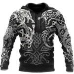 Wikinger Hoodie mit Fenrir Nordwolf Motiv, schwarz weiß mit keltischen Knoten
