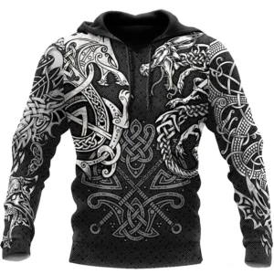 Wikinger Hoodie mit Fenrir Nordwolf Motiv, schwarz weiß mit keltischen Knoten
