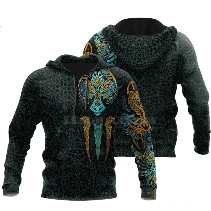 Reissverschluss Wikinger Hoodie Fenrir mit traditionellen wikinger tatowierungen