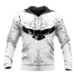 Wikinger Hoodie mit Raben und Runen Motiv auf weißem Grund, Freyr Design für Wikinger Fans