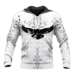Wikinger Hoodie mit Raben und Runen Motiv auf weißem Grund, Freyr Design für Wikinger Fans