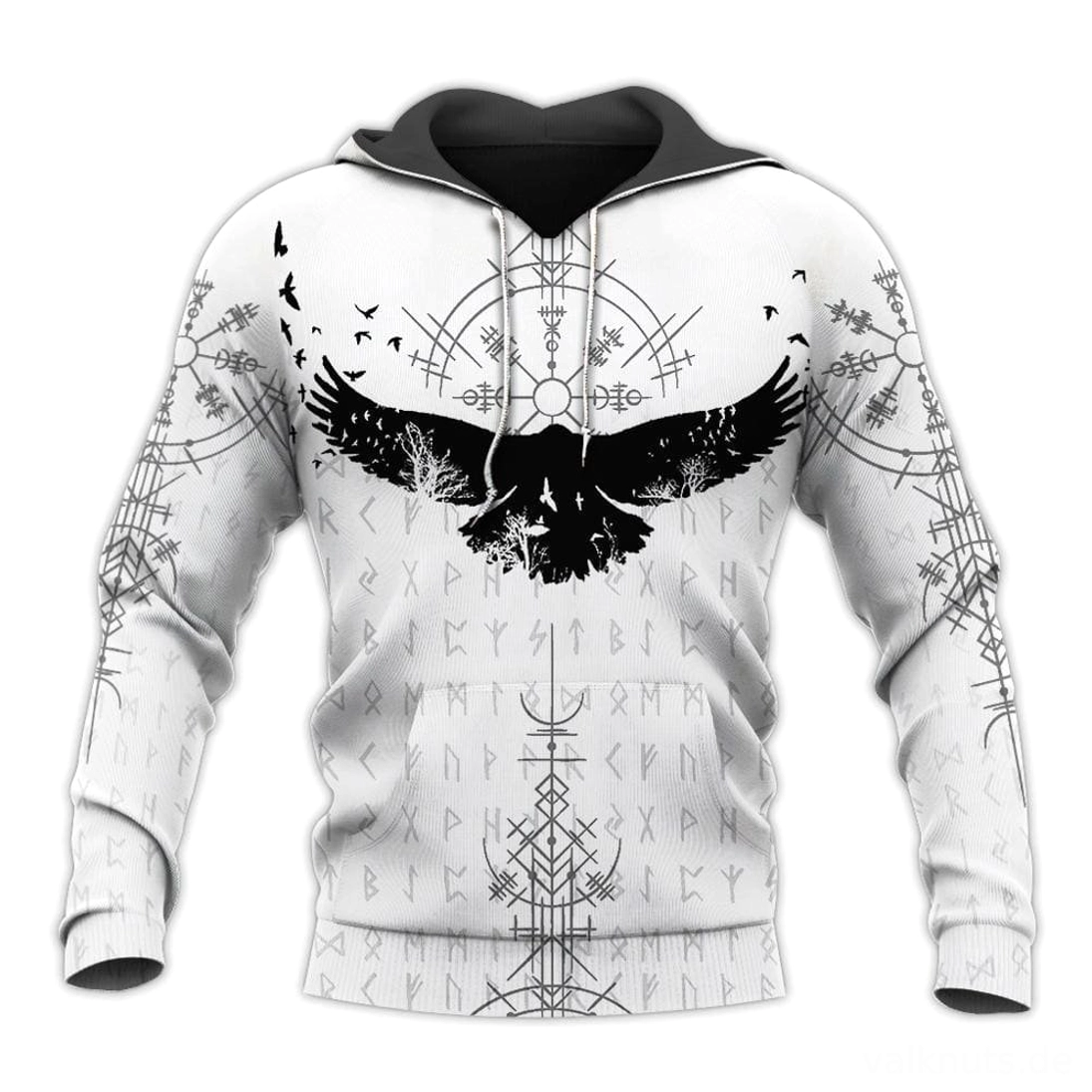 Wikinger Hoodie mit Raben und Runen Motiv auf weißem Grund, Freyr Design für Wikinger Fans