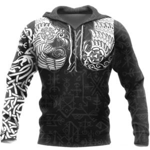 Wikinger Hoodie Gunnar mit schwarzem Grund, weißen Runen, Rabenmotiv und Keltenknoten