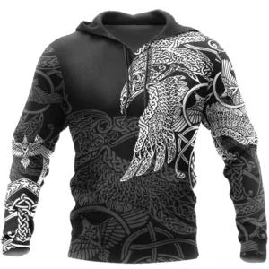Wikinger Hoodie Herryk mit Raven und Celtic Knot Motiv auf Schwarz, Wikinger Hoodie für Fans nordischer Kultur