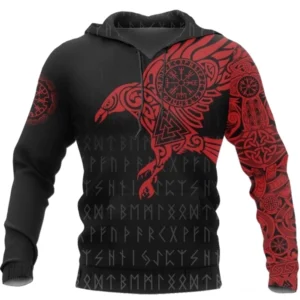 Wikinger Hoodie Ingmar mit Odin Raben Huginn Muninn und Runen Druck, schwarzer Wikinger Hoodie mit rotem Motiv