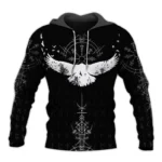 Wikinger Hoodie Isrod mit Odins Raben und Runen Design in Schwarz Weiss