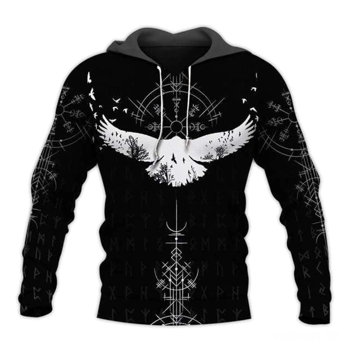 Wikinger Hoodie Isrod mit Odins Raben und Runen Design in Schwarz Weiss
