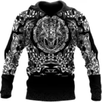 Wikinger Hoodie Leif mit Valhalla Wolf Muster 3D Druck auf Schwarz