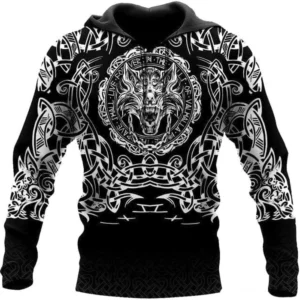 Wikinger Hoodie Leif mit Valhalla Wolf Muster 3D Druck auf Schwarz