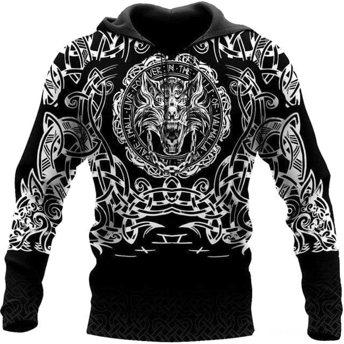 Wikinger Hoodie Leif mit Valhalla Wolf Muster 3D Druck auf Schwarz