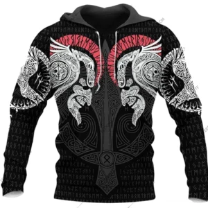 wikinger hoodie loki mit 3d wikingermotiv druck schwarz weiß rot