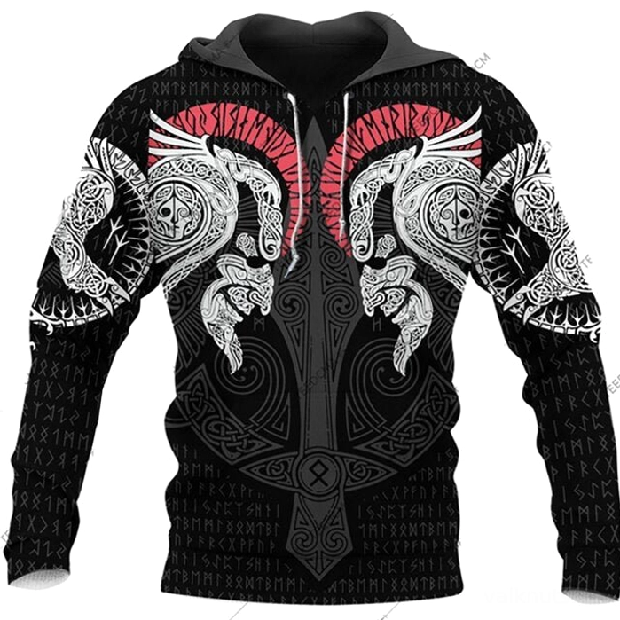 wikinger hoodie loki mit 3d wikingermotiv druck schwarz weiß rot
