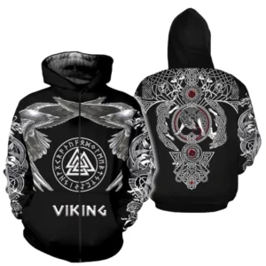 Rückseite Wikinger Hoodie mit Odins Raben und Valknut, Wikinger Kleidung mit keltischen Knoten und Drachenmotiv