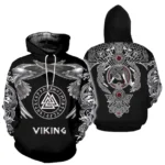 Wikinger Hoodie mit Odins Raben und Valknut Symbol, schwarzes Unisex Wikinger Hoodie mit silbernen und roten Motiven