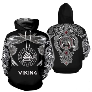 Wikinger Hoodie mit Odins Raben und Valknut Symbol, schwarzes Unisex Wikinger Hoodie mit silbernen und roten Motiven