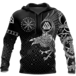 Wikinger Hoodie mit Odins Raben 3D Druck, Schwarz-Weißes Nordisches Design für Männer