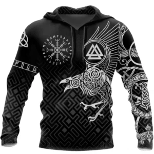 Wikinger Hoodie mit Odins Raben 3D Druck, Schwarz-Weißes Nordisches Design für Männer