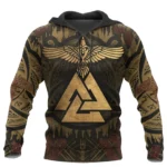 Wikinger Hoodie Osvaldr mit vollflächigem Wikinger Motiv, Valknut, Runen und Gottvogel auf schwarzem Grund