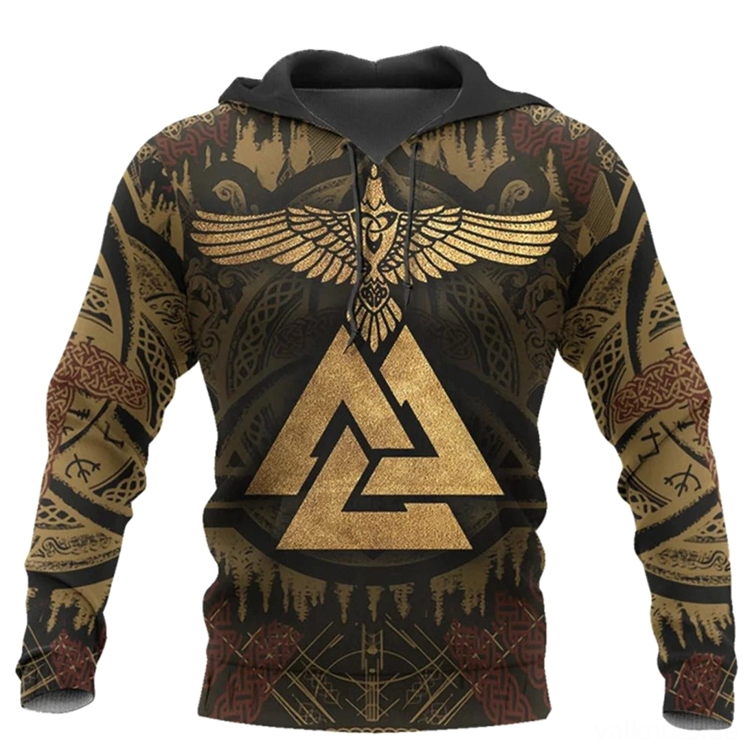 Wikinger Hoodie Osvaldr mit vollflächigem Wikinger Motiv, Valknut, Runen und Gottvogel auf schwarzem Grund