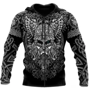 Wikinger Hoodie Svend mit Odin Motiv und keltischen Mustern in Schwarz Weiß