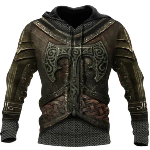 wikinger hoodie mit thors hammer und 3d rüstungsmotiv für wikinger kultur fans