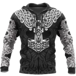 Wikinger Hoodie Thorsten mit 3D Print Mjölnir und keltischen Knoten in Schwarz Weiß