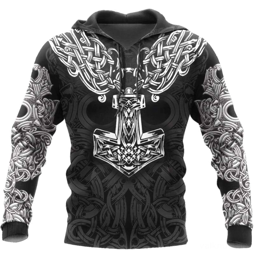 Wikinger Hoodie Thorsten mit 3D Print Mjölnir und keltischen Knoten in Schwarz Weiß