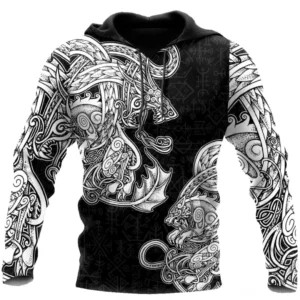 wikinger hoodie torvald mit mythischen wikingermotiven und runen schwarz weiss