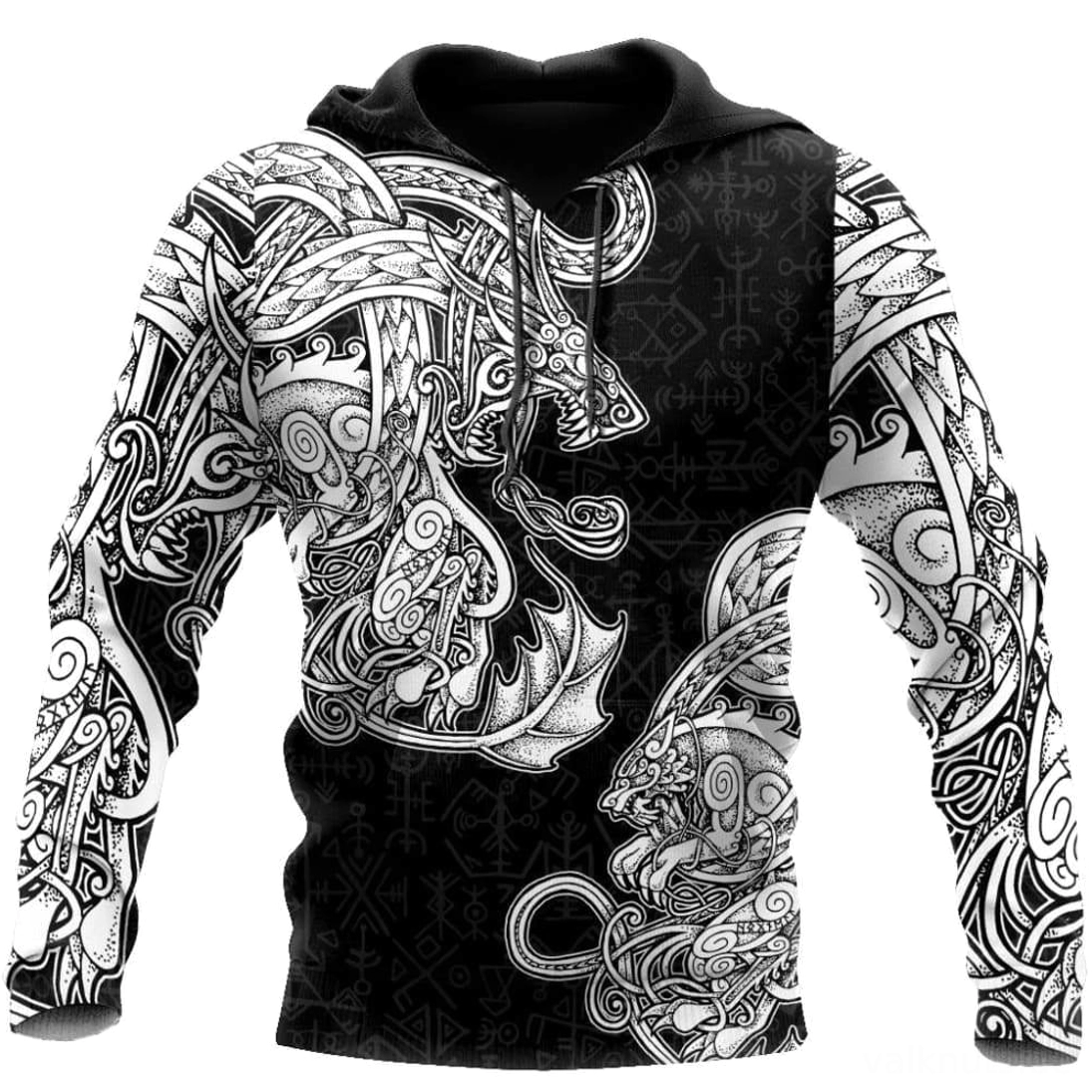 wikinger hoodie torvald mit mythischen wikingermotiven und runen schwarz weiss