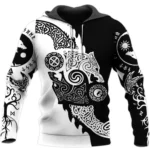 Wikinger Hoodie Ulrik mit nordischen Symbolen 3D Druck, schwarz weiß Wikinger Kapuzenpullover