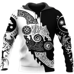 Wikinger Hoodie Ulrik mit nordischen Symbolen 3D Druck, schwarz weiß Wikinger Kapuzenpullover