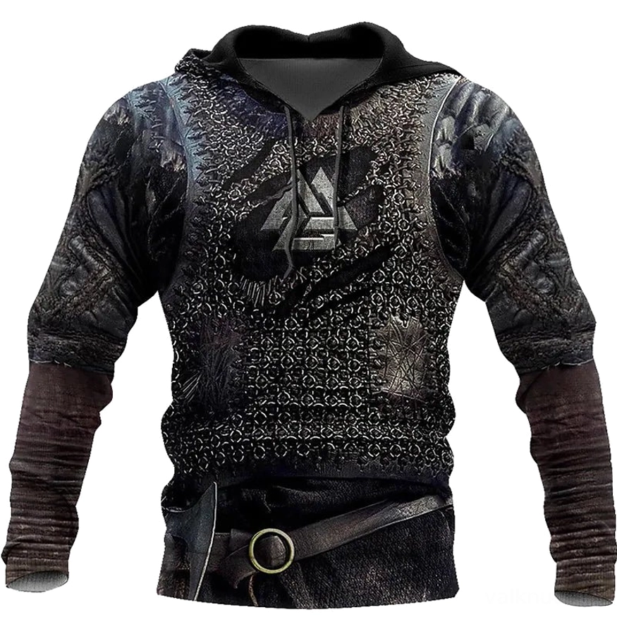Wikinger Hoodie mit Valknut Motiv 3D Kettenrüstung Druck