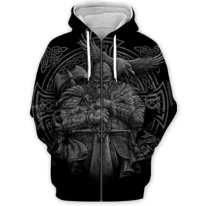 Wikinger Hoodie mit Wotan Motiv, detailreiche 3D Druck Ansicht des nordischen Allvater Designs