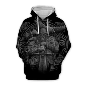 Wikinger Hoodie mit Wotan 3D Druck, klassischer Wikinger Kapuzenpullover mit nordischem Motiv