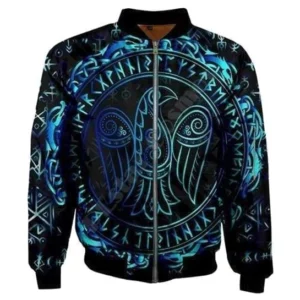 Wikinger Jacke Aros mit Runen und Rabenvogel Design auf schwarzem Grund