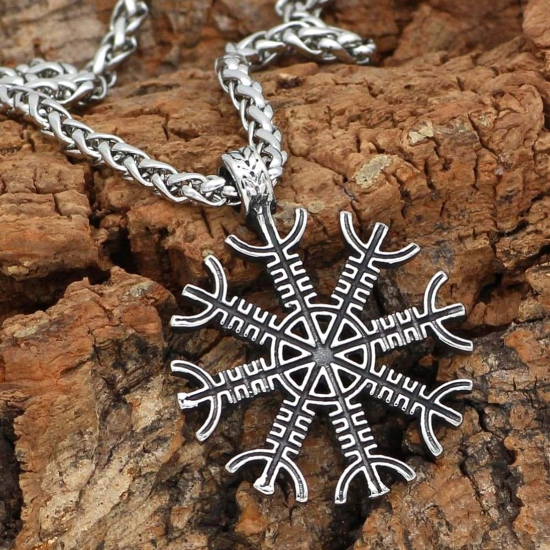 Wikinger Kette Aegishjalmur, silberner Wikinger Anhänger Helm der Furcht