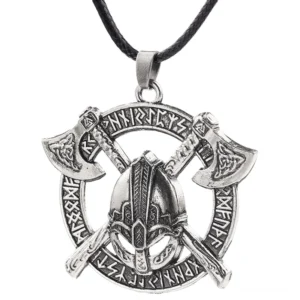 Wikinger Kette mit Axt Helm und Runen Anhänger, silbernes Wikinger Amulett für Herren