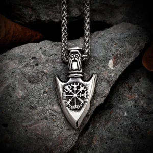 Wikinger Kette Odins Speer mit Vegvisir Symbol doppelseitiger Edelstahl Anhänger