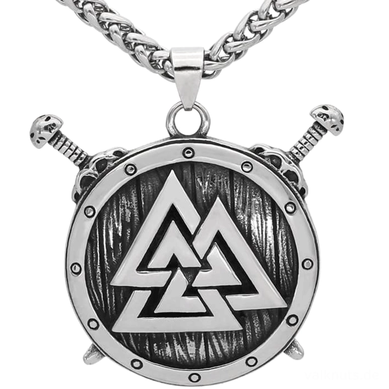 Wikinger Kette mit silbernem Valknut Schild und gekreuzten Schwertern