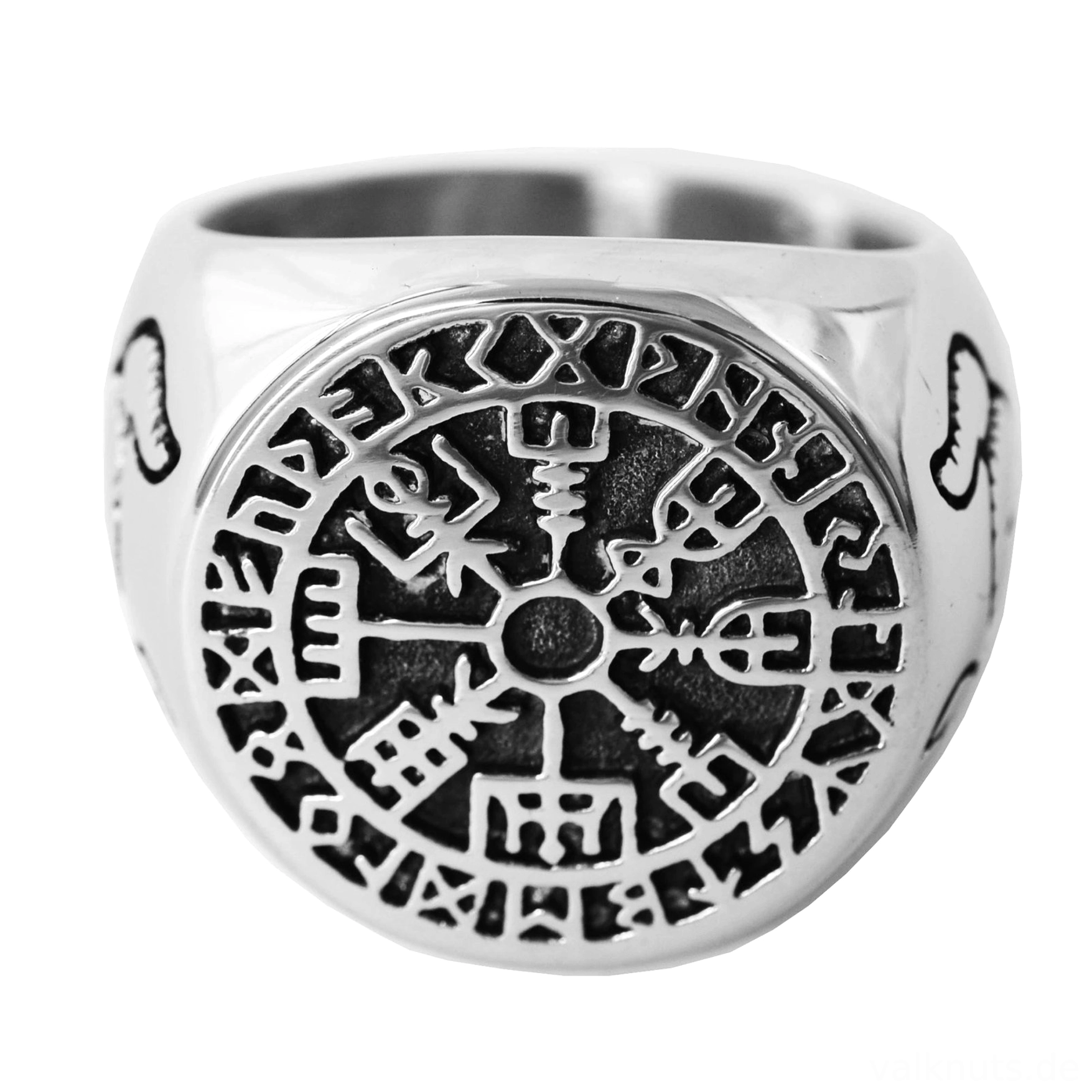 Wikinger Kompass Ring Vegvisir aus Edelstahl, Nahaufnahme des Symbols