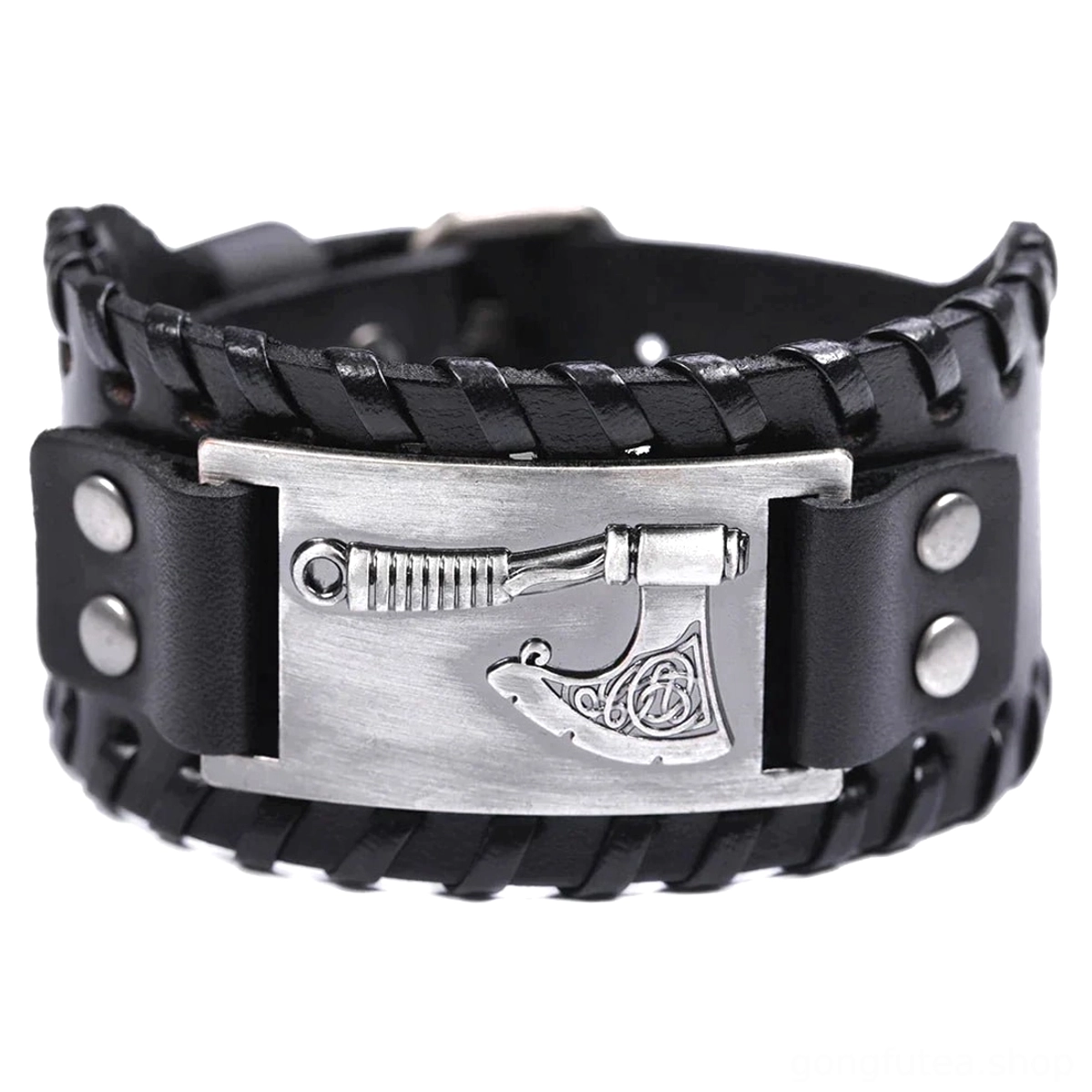 Wikinger Leder Armband mit Axt Amulett und keltischen Knoten Mustern