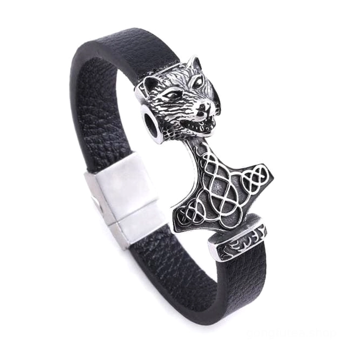 Wikinger Leder Armband mit Mjolnir und Wolf, Wikinger Schmuck für Liebhaber